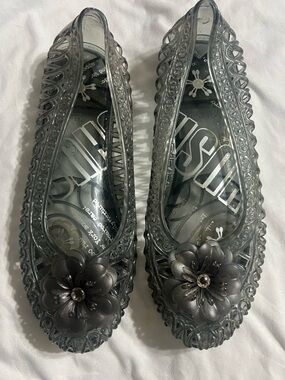 Transparent Gray Floral Jelly Flats - Unbranded